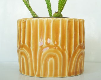 Orange Carved Ceramic Handmade Planter | Colorful Plant Pot