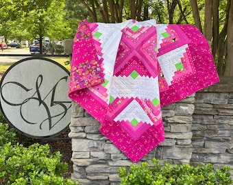 Handmade Pink & Green Log Cabin Baby Quilt: Award-Winning Design