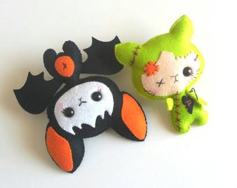 Set of Two Halloween ornaments patterns-PDF-Baby Bat ornament-Zombie Cat ornament-Felt toy pattern-DIY-Felt Halloween patterns-Fall toys