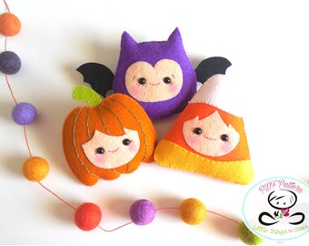 Halloween Ornaments- Set of three PDF patterns-Pumpkin-Bat-Candy corn-Felt toy pattern-Happy Halloween-Halloween Decor-Halloween treats