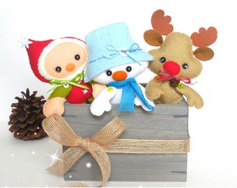 Christmas Ornament patterns-Set of Three-DIY projects-Snowman ornament-Reindeer ornament-Elf ornament-Stocking stuffers-PDF File-