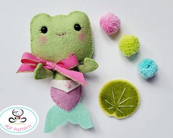 Patrón de costura en PDF de sirena rana, sirena de fieltro DIY, decoración para habitación infantil - móvil de juguete para bebé
