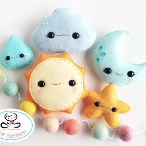 Sunny and Friends-Set of five-Sun-Moon-Cloud-Star-Drop-plush toy pattern-felt pattern-whimsical plushies-weather toys