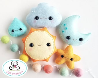 Sunny and Friends-Set of five-Sun-Moon-Cloud-Star-Drop-plush toy pattern-felt pattern-whimsical plushies-weather toys