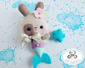 Patrón de costura PDF de sirena conejita, sirena de fieltro DIY, patrón de juguete, sirena bebé linda, decoración de guardería-juguete móvil del bebé