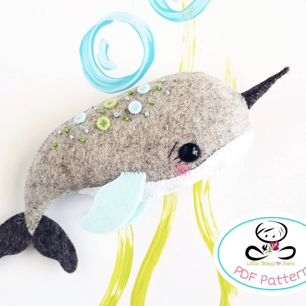 Little Narwhal PDF pattern-Sea animal toy-DIY-sea life mobile-Nursery decor-Instant download-Cute narwhal plush toy-unicorn whale