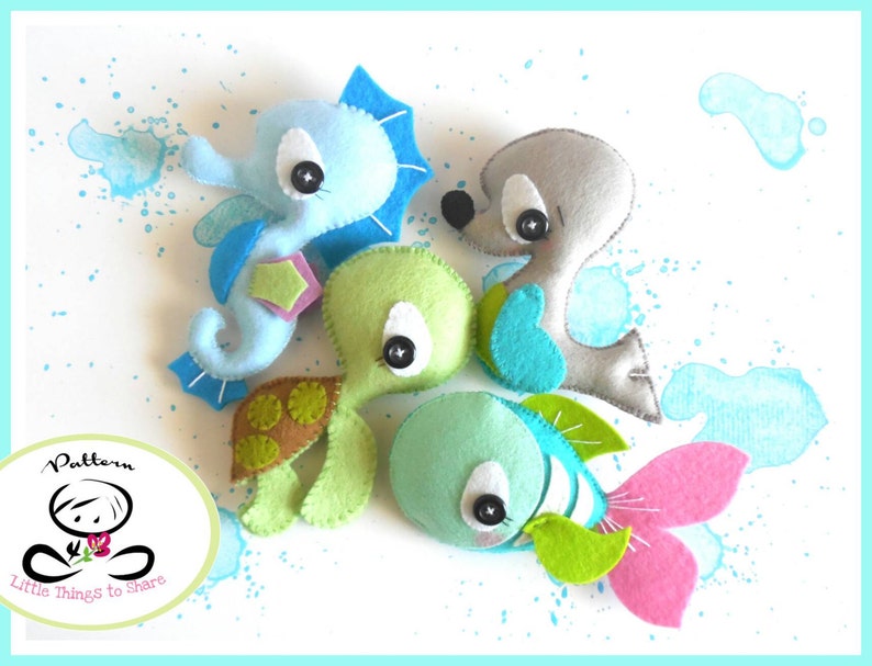 Splash-Sea Animals set of Four-PDF sewing pattern-Seahorse-Seal-Turtle-Fish-Ocean Animal ornaments-Nursery decor-Baby's mobile toy image 2