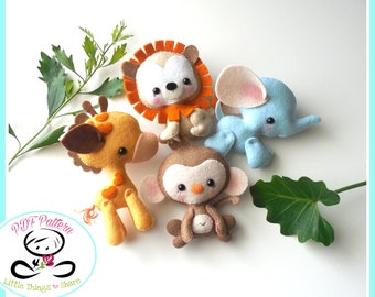 Conjunto de animales salvajes para bebés de cuatro patrones de costura PDF-Elefante-Jirafa-León-Mono-Adornos de fieltro-Adorno de animales-Decoración de guardería-Juguete móvil del bebé