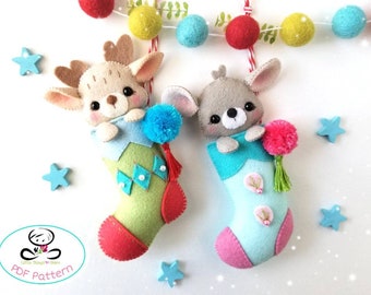 Calcetines navideños con animales traviesos - Patrón PDF - Adornos navideños de fieltro - Adornos para calcetines navideños - Guirnalda navideña - Calcetines