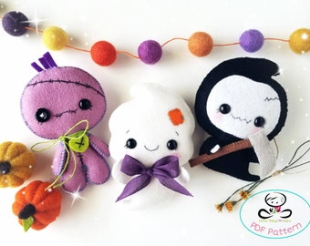 Cute Halloween-Set of Three PDF patterns- Halloween ornament-Grim Reaper-Ghost-Voodoo Doll-Creepy and cute Halloween toys