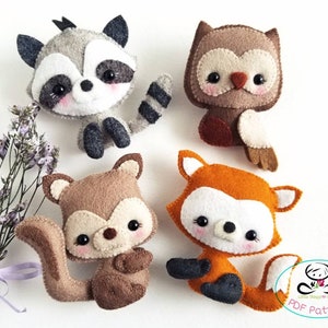 Woodland Babies set of Four, PDF sewing patterns,Owl, Fox, Raccoon, Squirrel, Fores animals Nursery decor