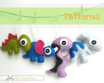 Mini Dinos Set of Four PDF Sewing Patterns-Baby mobile toys-Dinosaur plushies-Cute dinosaurs-toy patterns-Felt ornament tutorial-DIY-Dinos