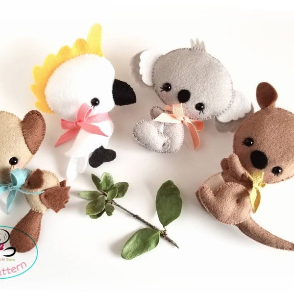 Australian Animals #1-set of Four-PDF sewing pattern-Cockatoo-Kangaroo-Koala-Platypus-Felt ornaments-Animals-Nursery decor-Baby's mobile toy