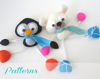 Set of two Winter Friends PDF Sewing Pattern-Christmas ornaments-Polar bear toy pattern-Penguin plushie-DIY Felt ornaments-Stocking stuffers