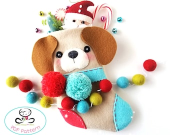 Medias navideñas para cachorros-Patrón PDF-Medias navideñas de fieltro-pegando animales-Medias navideñas DIY-Primer regalo de Navidad-Regalo de mascota