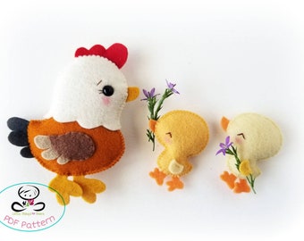 Gina the Hen and Chick-PDF Sewing Pattern-DIY-Felt hen-Toy Pattern-Cute chick-Nursery Decor-hen ornament-Baby's mobile toy-Farm animals