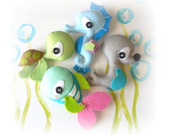Splash-Sea Animals conjunto de patrón de costura Four-PDF-Seahorse-Foca-Tortuga-Pez-Océano Adornos de animales-Decoración de guardería-Juguete móvil del bebé