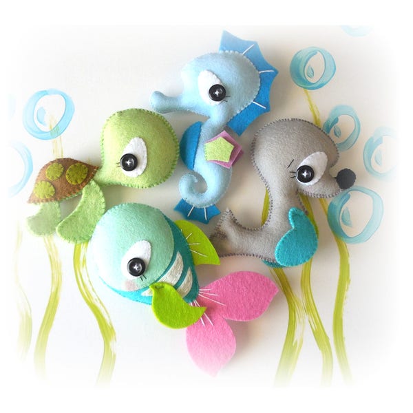 Splash-Sea Animals set of Four-PDF sewing pattern-Seahorse-Seal-Turtle-Fish-Ocean Animal ornaments-Nursery decor-Baby's mobile toy