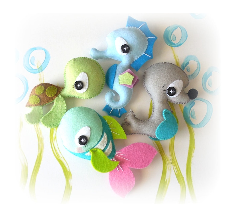 Splash-Sea Animals set of Four-PDF sewing pattern-Seahorse-Seal-Turtle-Fish-Ocean Animal ornaments-Nursery decor-Baby's mobile toy image 1