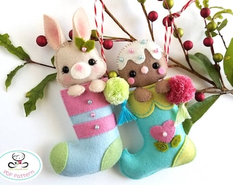 Pompom Mini Medias Navideñas-Patrón PDF, Adornos navideños de fieltro-Adornos de medias navideñas-Guirnalda navideña-Medias
