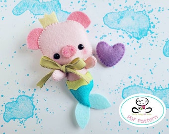 Merpiggy PDF Patrón de costura, DIY Fieltro sirena cerdito, patrón de juguete, Linda sirena bebé, Decoración de guardería-Juguete móvil del bebé