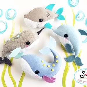 Sea Animals set of Four PDF sewing pattern-Shark-whale-dolphin-narwhal-Ocean Animals ornaments-Nursery decor-Baby&#39;s mobile toy