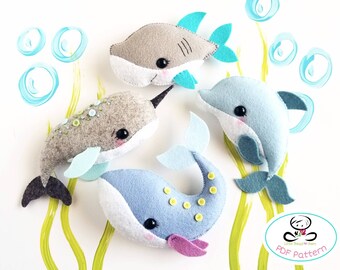 Conjunto de animales marinos de cuatro patrones de costura PDF-Tiburón-ballena-delfín-narval-Adornos de animales del océano-Decoración de guardería-Juguete móvil del bebé