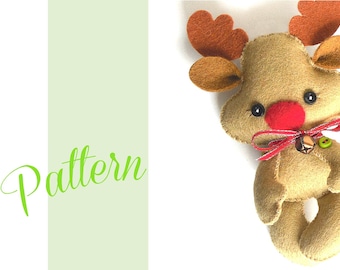 Patrón de adorno navideño de reno-Patrón de adorno navideño de fieltro-Adorno de Rudolph-Reno-DIY-Relleno de medias-Adorno de fieltro-Animales