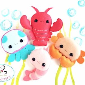 Happy to sea you set of Four PDF sewing pattern-Shrimp-Jellyfish-Lobster-Crabl-Ocean Animals ornaments-Nursery decor-Baby&#39;s mobile toy
