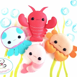 Happy to sea you set of Four PDF sewing pattern-Shrimp-Jellyfish-Lobster-Crabl-Ocean Animals ornaments-Nursery decor-Baby's mobile toy