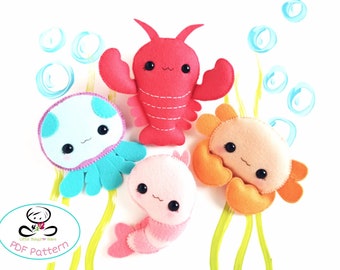 Happy to sea you set of Four PDF sewing pattern-Shrimp-Jellyfish-Lobster-Crabl-Ocean Animals ornaments-Nursery decor-Baby's mobile toy