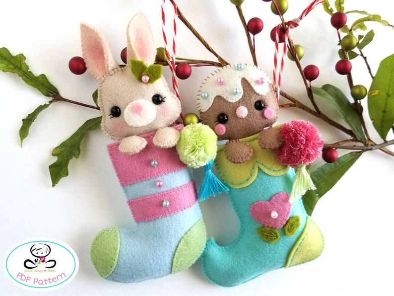 Bunny Christmas Stocking-PDF Pattern, Felt Christmas Ornaments pattern, Mini Christmas stocking image 3