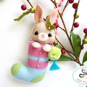 Bunny Christmas Stocking-PDF Pattern, Felt Christmas Ornaments pattern, Mini Christmas stocking image 1