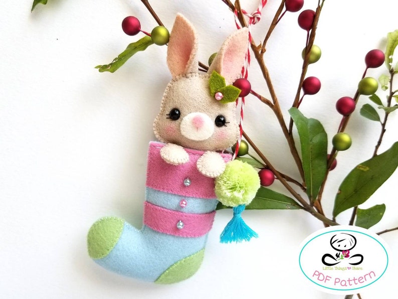 Bunny Christmas Stocking-PDF Pattern, Felt Christmas Ornaments pattern, Mini Christmas stocking image 1