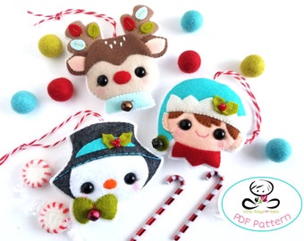 Feliz Navidad Set de Tres Adornos Navideños Patrones-Adornos para árbol de Navidad-Patrones de fieltro-Patrón PDF-duende-muñeco de nieve-reno-Rudolph