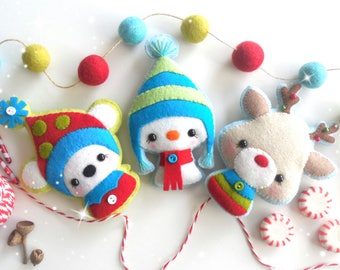 Christmas Critters-Ornament Patterns-Set of Three-DIY Projects-Snowman-Reindeer-Polar Bear-PDF File-Winter Animals-Animal Ornaments