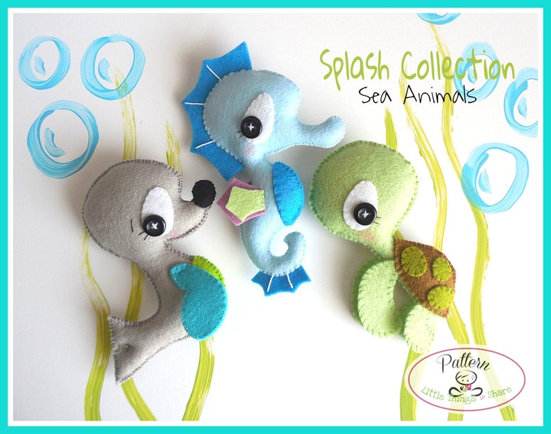 Splash-Sea Animals set of Four-PDF sewing pattern-Seahorse-Seal-Turtle-Fish-Ocean Animal ornaments-Nursery decor-Baby's mobile toy image 4