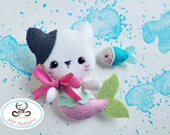 Merkitty PDF Patrón de costura, DIY Fieltro gatito sirena, patrón de juguete, Linda sirena bebé, Decoración de guardería-Juguete móvil del bebé