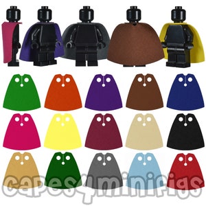 5 custom made standard capes for your Lego minifigures.  Choose your colours.  Minifigures NOT included. Capes made by capes4minifigs