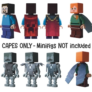 Könnte beinhalten: Set mit 10 Minecraft-Umhängen für Lego-Minifiguren. Die Umhänge sind aus Stoff und haben verschiedene Designs, darunter ein Creeper, ein Skelett und ein Dorfbewohner. Nur Umhänge - Minifiguren nicht enthalten.