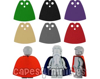 6 CUSTOM standard capes for your Lego minifigures.  Choice of colours.  Minifigs NOT included. Made by capes4minifigs