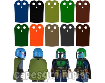 5 CUSTOM Mandalorian capes for your Lego Starwars Boba Fett minifigures.  Minifigs NOT included. Capes made by capes4minifigs