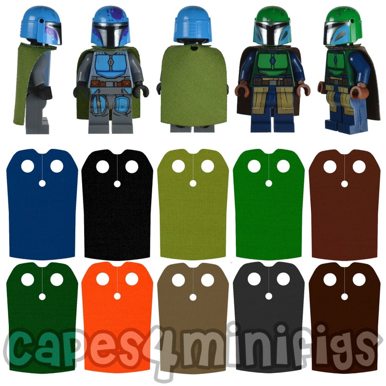 May include: A set of 10 different colored felt capes for Lego minifigures. The capes are all the same size and shape, and they have two holes at the top for attaching to a minifigure's neck. The capes are available in blue, black, green, brown, orange, tan, gray, and dark brown.