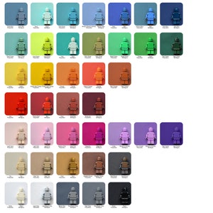 May include: A chart of 56 different colors of LEGO minifigures. Each minifigure is standing on a square of its corresponding color. The colors are arranged in rows and columns.