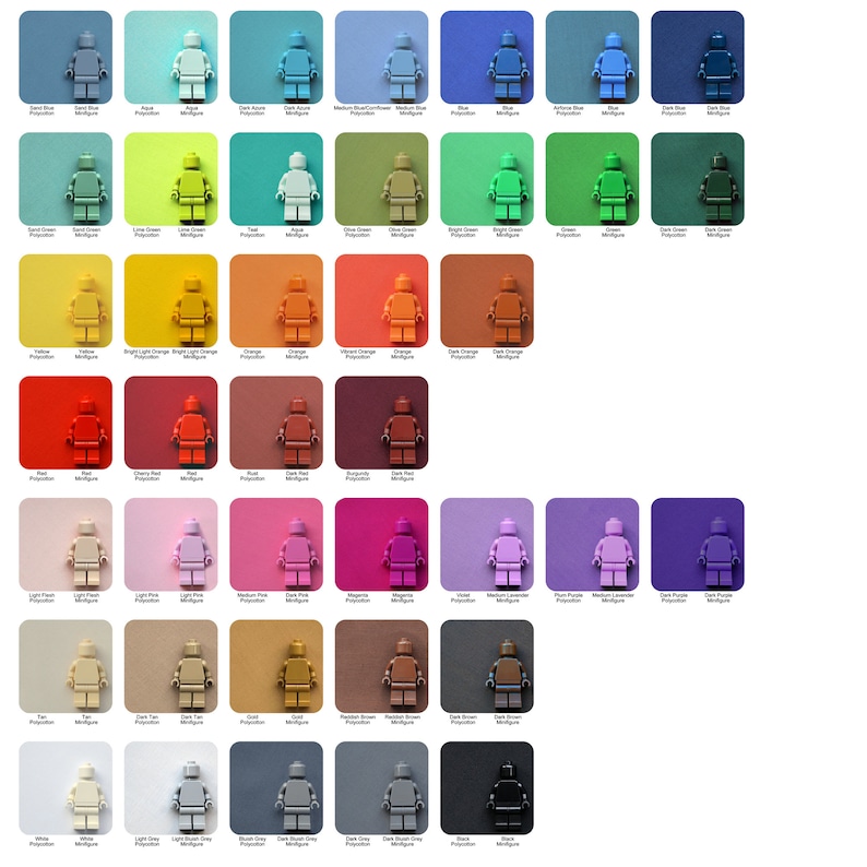 May include: A chart of 56 different colors of LEGO minifigures. Each minifigure is standing on a square of its corresponding color. The colors are arranged in rows and columns.