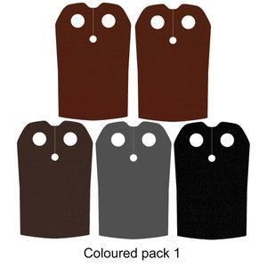 May include: Set of five capes for Lego minifigures in brown, dark brown, gray, black, and dark gray. The capes are all the same size and shape, and they have two holes at the top for attaching to a minifigure's neck. The text "Coloured pack 1" is printed below the capes.