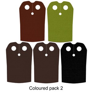 May include: Set of five capes for Lego minifigures in brown, green, dark brown, black, and dark gray. The capes have two holes at the top and a loop for a neck.