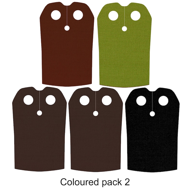 May include: Set of five capes for Lego minifigures in brown, green, dark brown, black, and dark gray. The capes have two holes at the top and a loop for a neck.