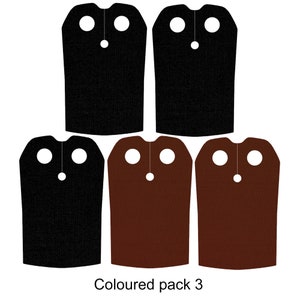 May include: A set of five capes for Lego minifigures. Two black capes and three brown capes. The capes have a hole at the top for a minifigure's head. The capes are labeled "Coloured pack 3".