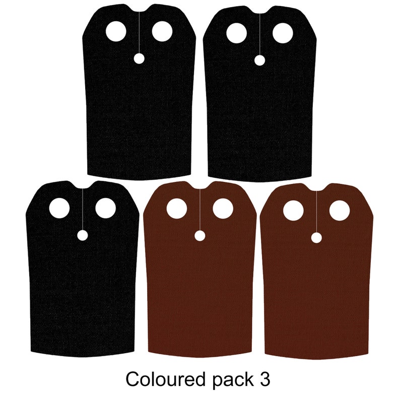 May include: A set of five capes for Lego minifigures. Two black capes and three brown capes. The capes have a hole at the top for a minifigure's head. The capes are labeled "Coloured pack 3".